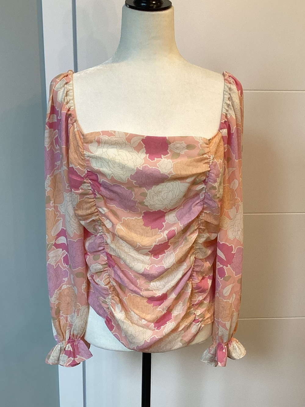 Rose & Olive Pink and Peach Floral Ruched Square-Neck Blouse